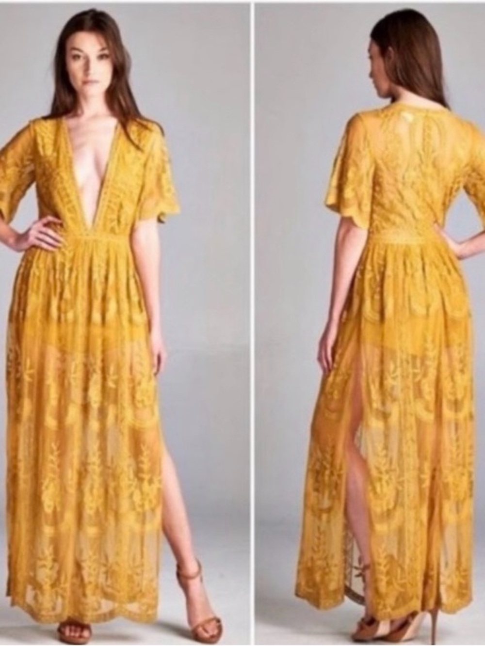 Socialite Yellow Lace Jumpsuit with V-Neck, sheer back, shorts underneath. Small